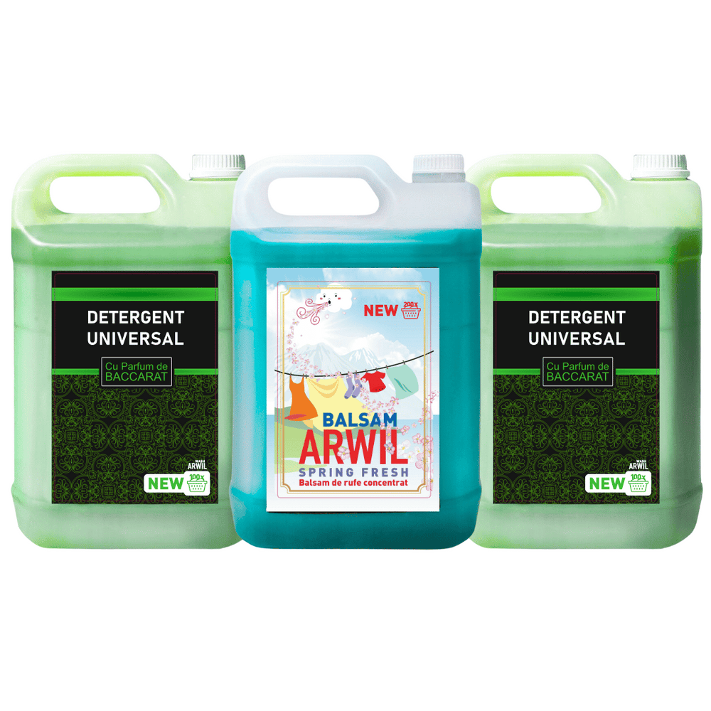 Pachet 2x Detergent Universal  cu miros de Baccarate Arwil 5L + 1x Balsam Arwil Spring Fresh 5L