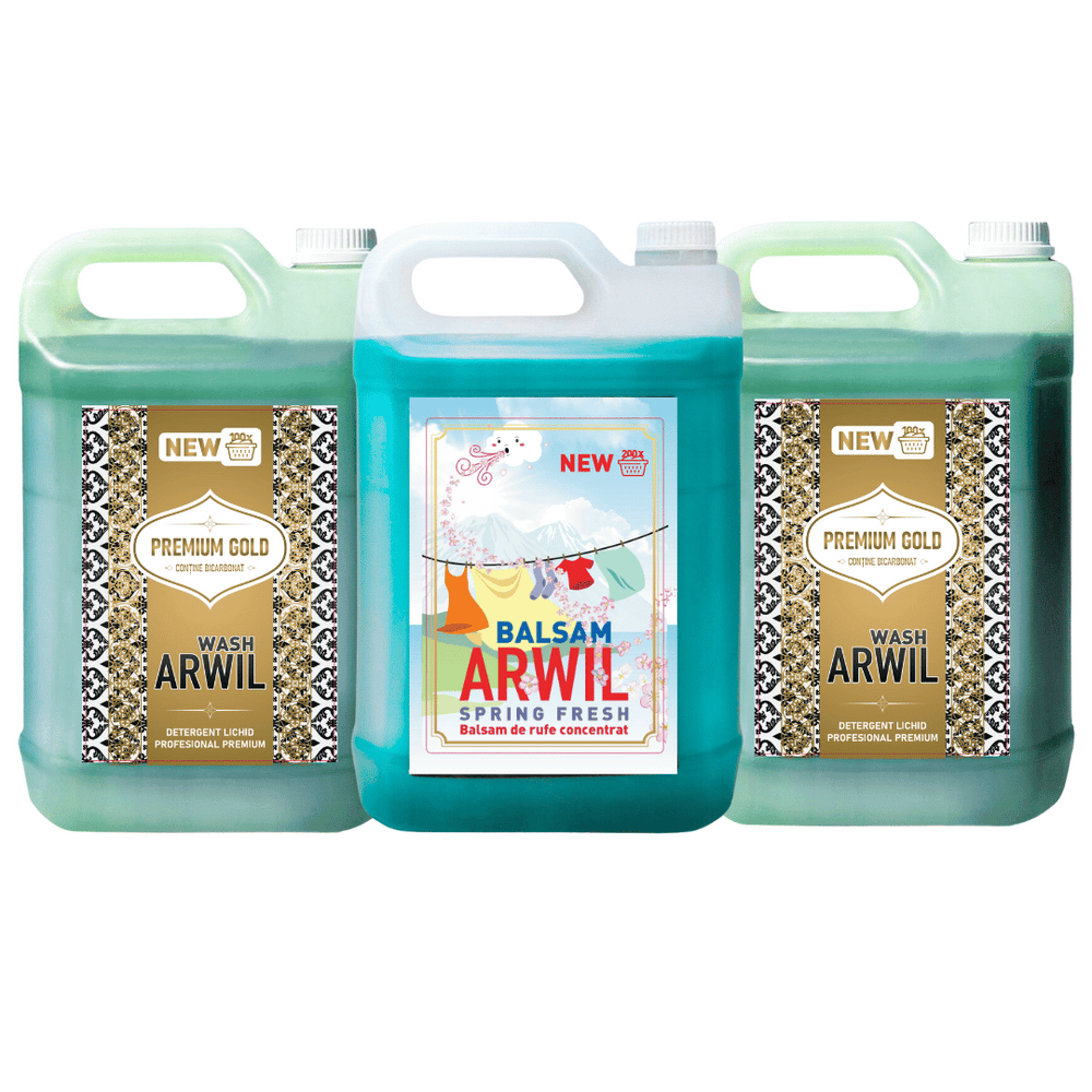 Pachet 2x Detergent Profesional Premium Gold  cu Bicarbonat de sodiu5L + 1x Balsam Arwil Spring Fresh 5L