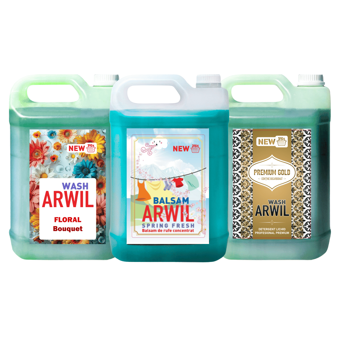 Pachet 1x Detergent Arwil Floral cu parfum La vie Belle 5L + 1x Detergent Premium Gold 5L + 1x Balsam Arwil Spring Fresh 5L